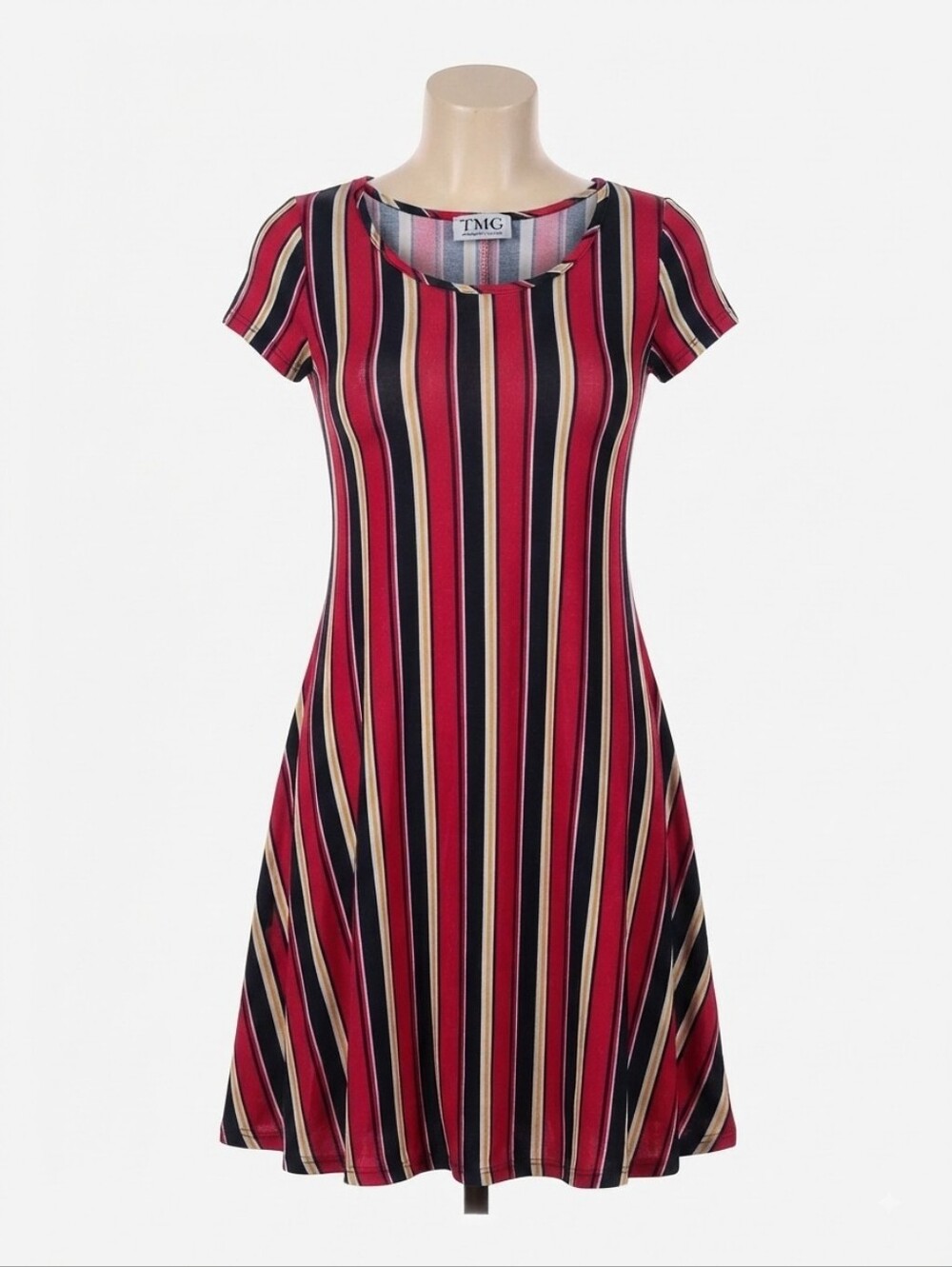 TMG Red Black Striped Short Sleeve Swing Dress Size Medium